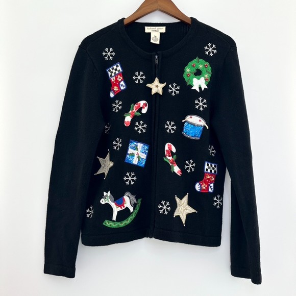 Vintage Bechamel Petites Sequenced Christmas Zippered Sweater Black Size PM - Picture 1 of 11